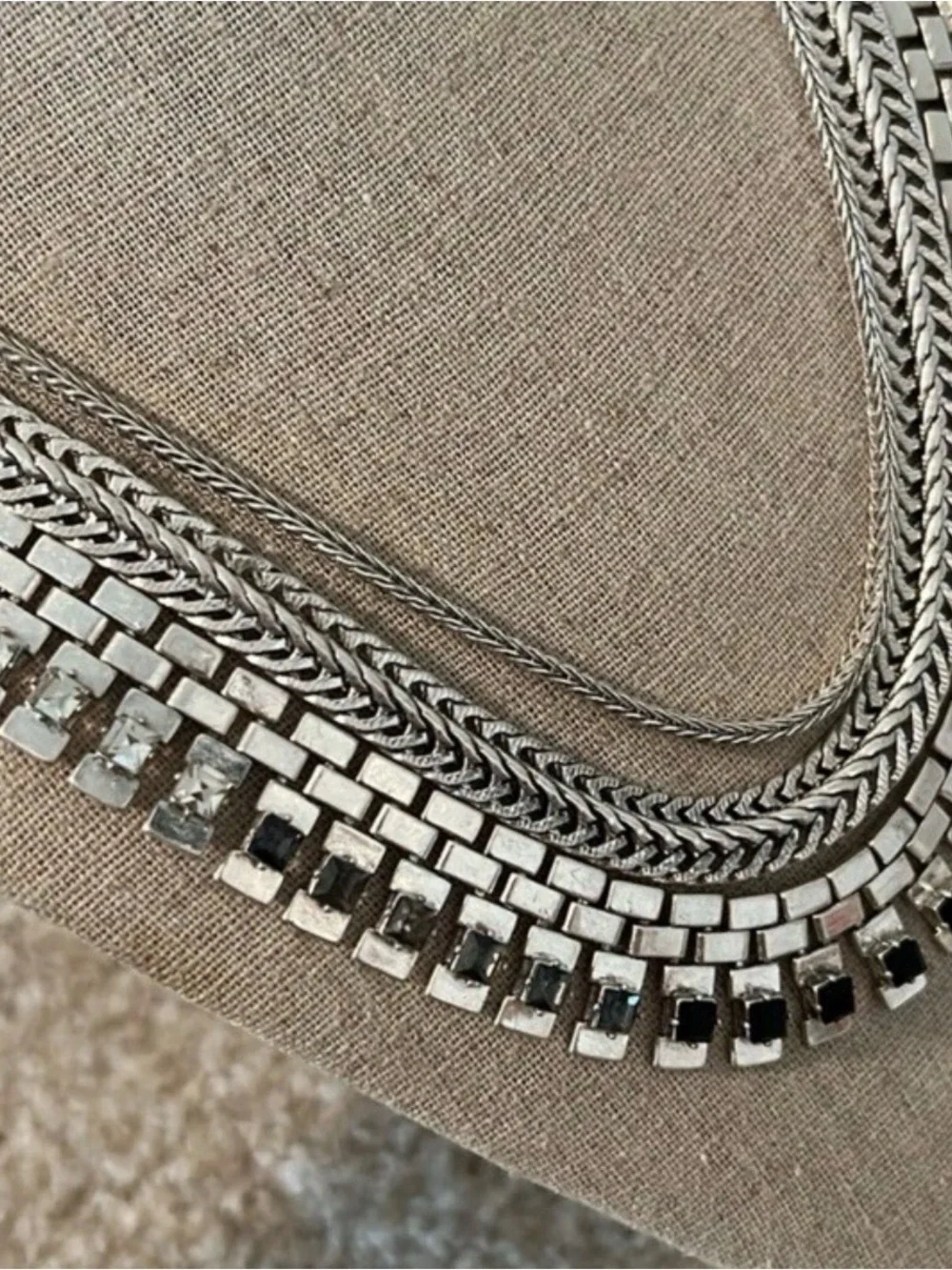 Stella & Dot silver Electra statement necklace with black, gray and clear stones